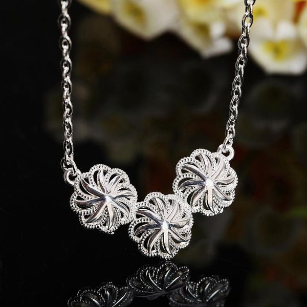 

chains 925 silver 18 inch necklace jewelry crystal ladies exquisite three flower pendant