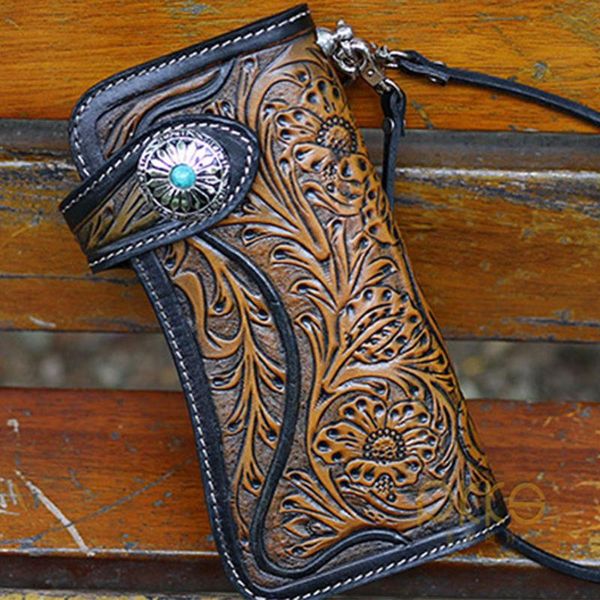 

wallets men women holder anti lost with chain button open artificial cow leather gift long wallet casual japanese carved handmade, Red;black