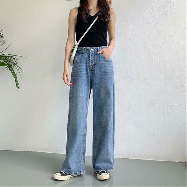 

jeans b4325 women's fashion 19 spring loose high waist pocket splicing wide leg pants, Blue