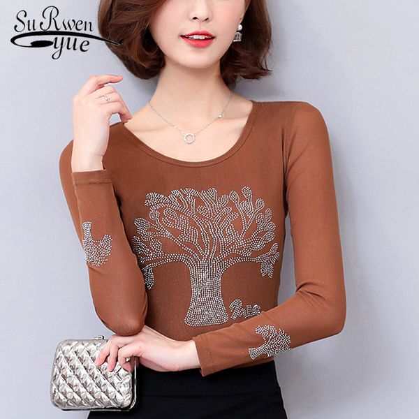 

autumn women plus size ladies long sleeve thin korean slim bottoming shirt drilling shirts 5928 50 210508, White