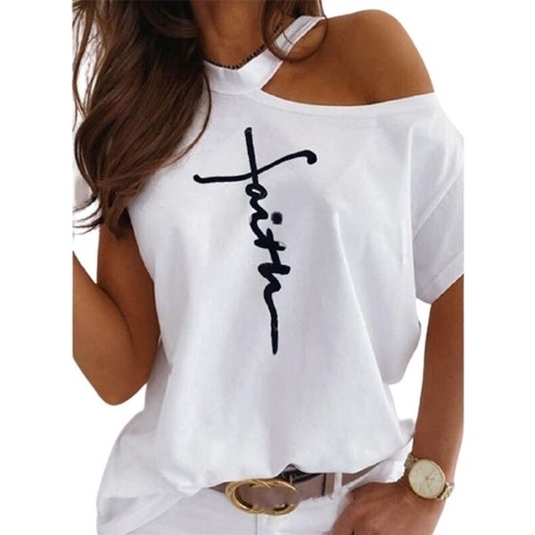 

summer off shoulder women's fashion letter printed o neck short sleeve funny t shirt loose casual cotton pullovers 210324, White