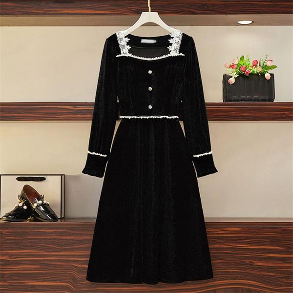 

casual dresses french style vintage dress plus size for women lace neck pearl winter korean fashion robe femme, Black;gray