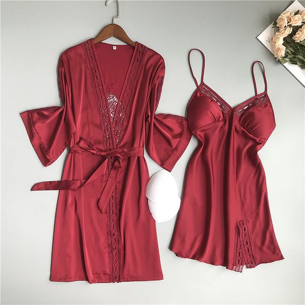 

pyjamas hollow out women robe set ice silk thin strap chest pad nightdress cardigan twinset sleepwear 8wls, Black;white
