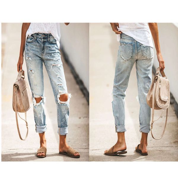 

casual blue wide leg pants with holes in knees fashion high waist