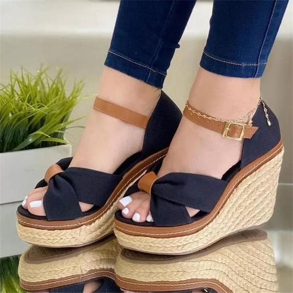 

sandals 2021 women's shoes summer fashion casual solid imitation suede cross bow buckle high heel platform zapatos de mujer, Black