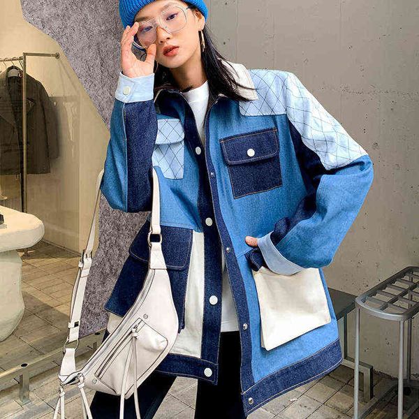 

women's jackets deat woman denim jacket pockets patchwork turn down collar long sleeve single breasted casual style autumn 15xm036 i87u, Black;brown