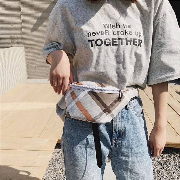 

waist bags plaid women bag designer striped belt crossbody chest pu leather female fanny pack banana hip purse