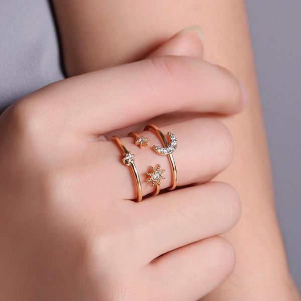 

wedding rings arrivals lady three layers hollow out stars moon personality pentagram opening adjustable, Slivery;golden