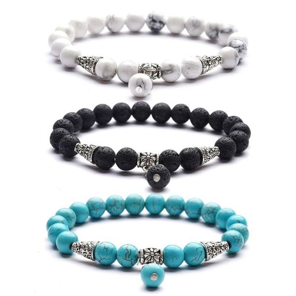 

8mm natural stone beaded strands bracelets men women volcanic rock white turquoise pendants bangle cone alloy, Black