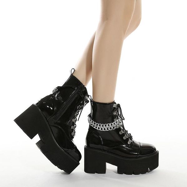 

boots chain thick bottom platform women's shoes 2021 big size high heel short, Black