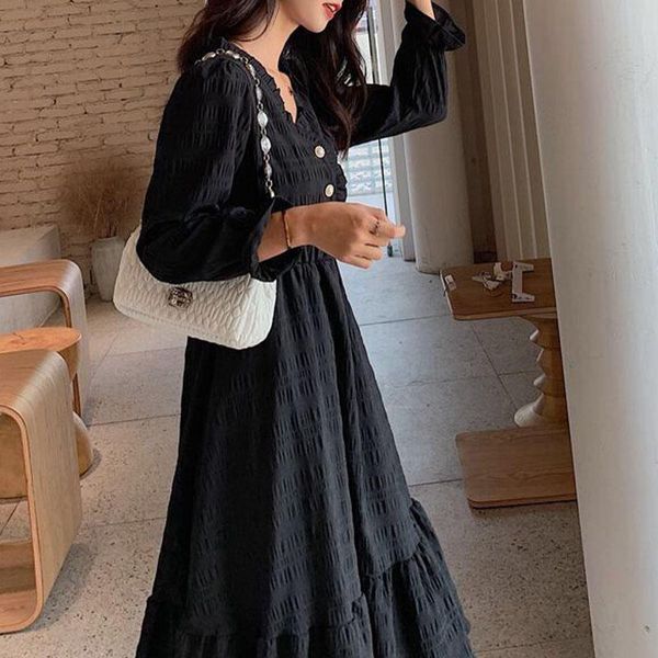 

casual dresses french romantic retro dress ladies solid color v-neck ruffled regular sleeve mid-length 2021, Black;gray