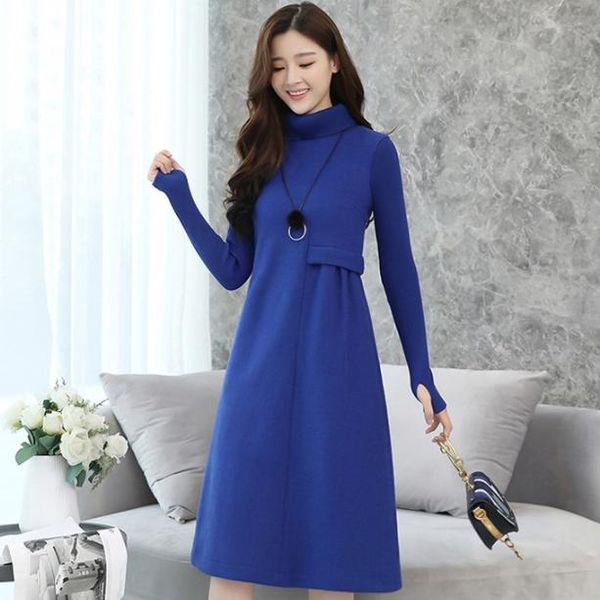 

casual dresses lus size women turtleneck long sleeve woolen empire dress solid knitting patchwork a-line mid da563, Black;gray