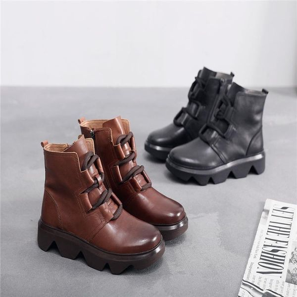 

boots ankle cow leather genuiue lace up ladies fashion shoes comfortable casual style cool women boot upper color brush, Black