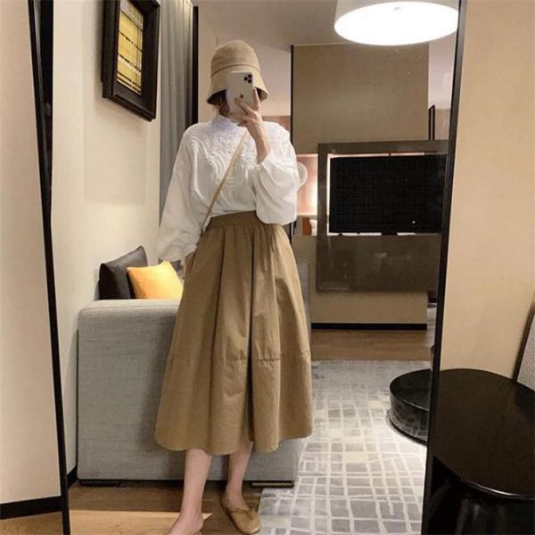 

autumn women high waist slimming simple retro casual temperament skirts all-match solid long 210527, Black