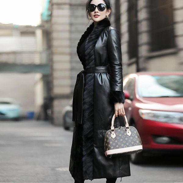 

women's leather & faux real jacket women long sheepskin coat female down warm winter parka raccoon dog fur collar mujer chaqueta pph150, Black
