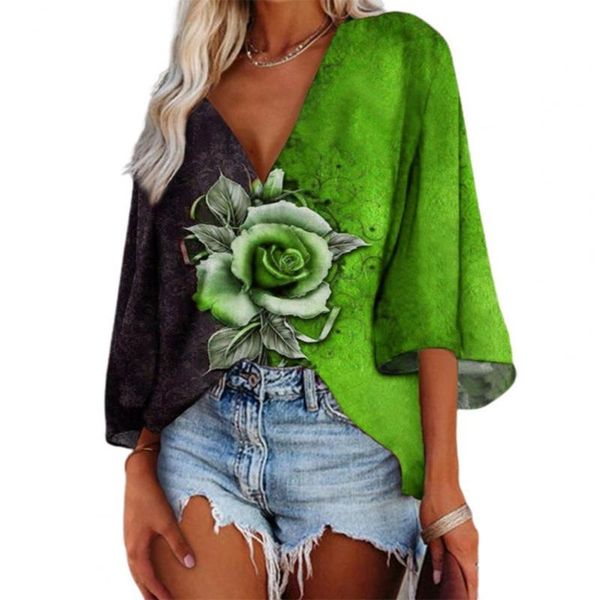 

women's blouses & shirts casual women blouse summer contrast color rose print 3/4 sleeve v neck pullover for dating floral pattern red, White