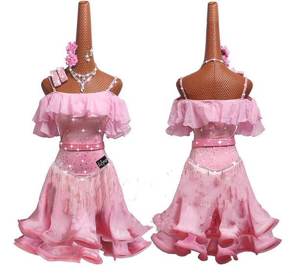 

sparkly rhinestones pink latin dance dresses for women girls salsa fringe skirt evening dress ballroom competition clothes stage wear, Black;red
