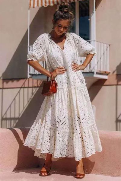 

Fairy Hollow Embroidered White Summer Women Dress Slim Holiday, Black;gray