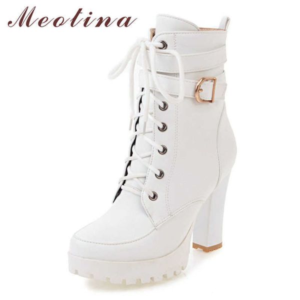 Meotina Botas do tornozelo de inverno mulheres botas zíper bloco saltos curtos botas fivela extremo salto alto sapatos senhoras branco tamanho grande 34-43 210608