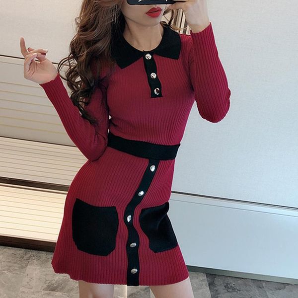 

women's tracksuits 2021 autumn fashion korea women sets 2 piece knitted shirt red wrap hip bodycon mini dress lady nightclub, Gray