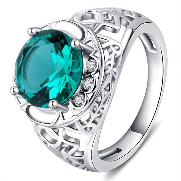 

cluster rings s925 silver color green gemstone ring of jewelry hollow out retro turquoise emerald bizuteria diamond, Golden;silver