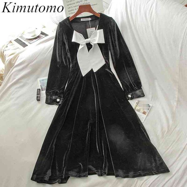 

kimutomo fashion vintage bow velvet dress women long sleeve v-neck slim high waist a-line black vestido midi elegante 210521, Black;gray