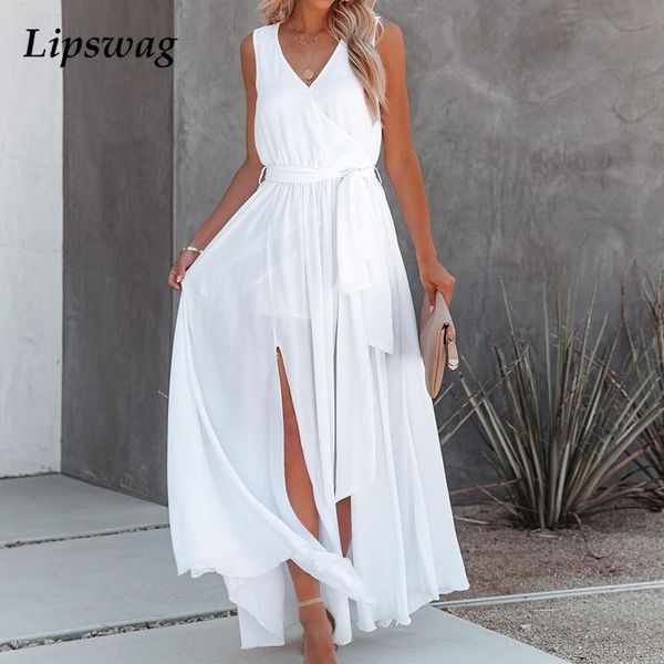 

casual dresses elegant v neck summer long beach dress women sleeveless high slit party lady autumn solid lace-up belt maxi, Black;gray