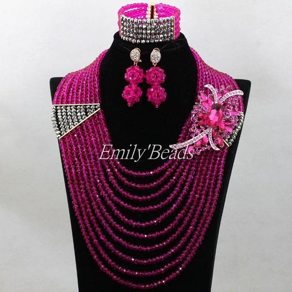 

earrings & necklace fuchsia pink crystal beads set 10 layers nigerian wedding costume african jewelry sets alj241, Silver