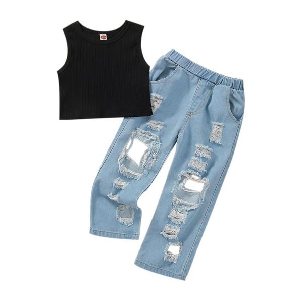 

clothing sets summer born baby girls outfits ribbed black sleeveless + ripped jeans denim pants clothes set 0-5y, White