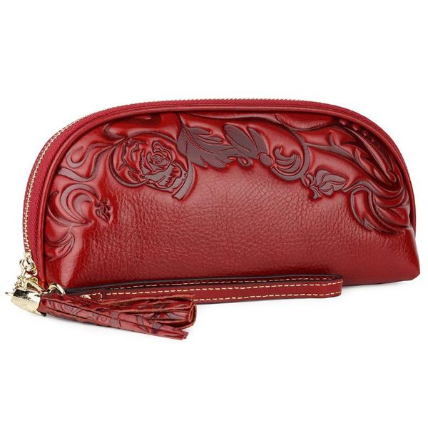 

wallets retro oil wax leather female hand holding wallet first layer cowhide casual wild style tassel small bag, Red;black