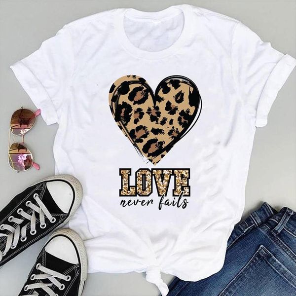 

fashion print graphic leopard women love sweet style cute summer short sleeve female clothes tees, White