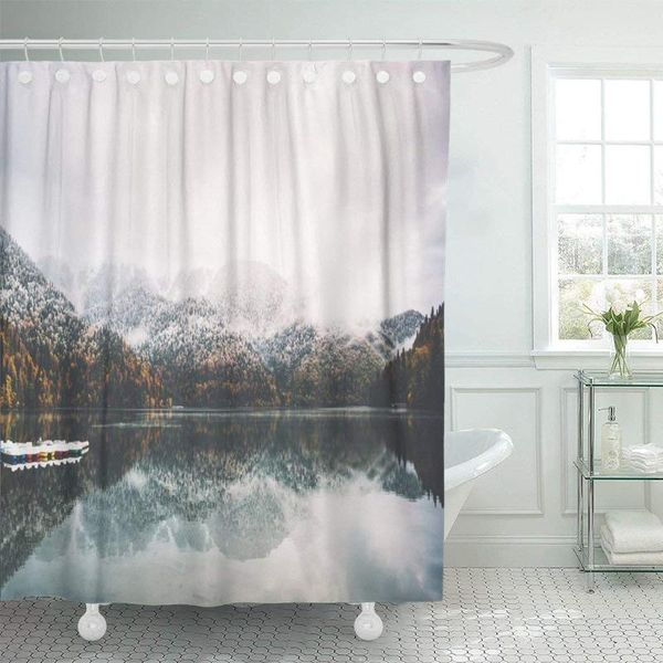 

shower curtains fabric curtain boats on lake water and coniferous autumn forest landscape travel serene scenic view bathroom