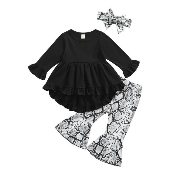 

clothing sets baby girl autumn girls clothes solid long sleeve ruffle snakeskin pants headband 3pcs outfits 0-5t, White