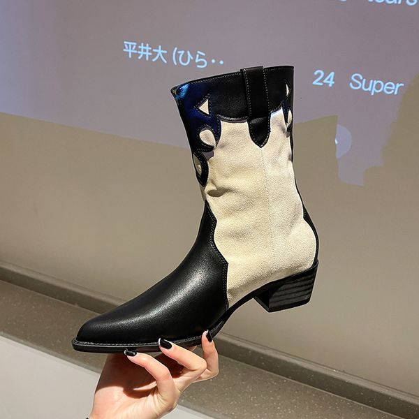 

net red short splicing single boot 2021 pointed sleeve thick heel wtern british wind tube boots, Black