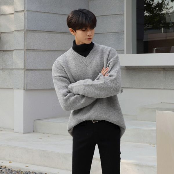 

men's sweaters long-sleeve male loosened sweater, plain warm shirt with v-cleavage for men 5xdz, White;black