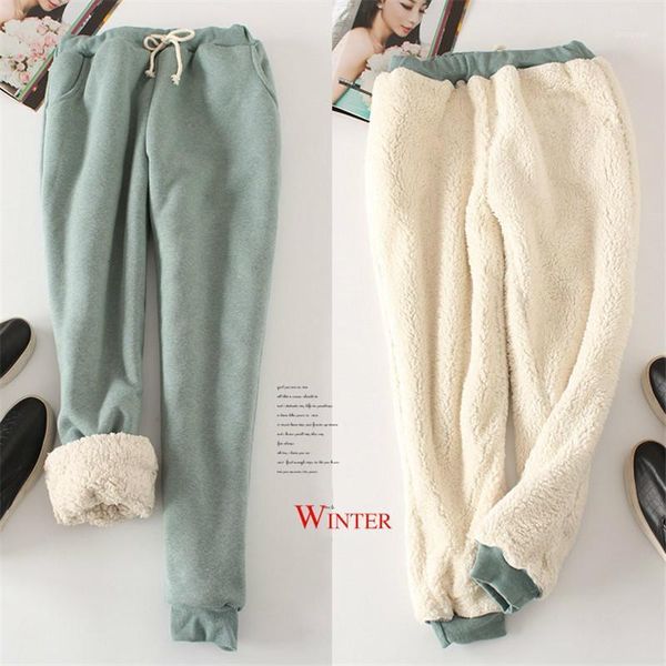 

women's pants & capris winter autumn women warm cashmere thick lambskin causal long trousers fashion loose elastic waist drawstring har, Black;white