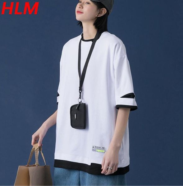 

women's t-shirt hlm 2021 summer korean color matching 100%cotton oversized t-shirts solid street fashion short sleeve clothes, White