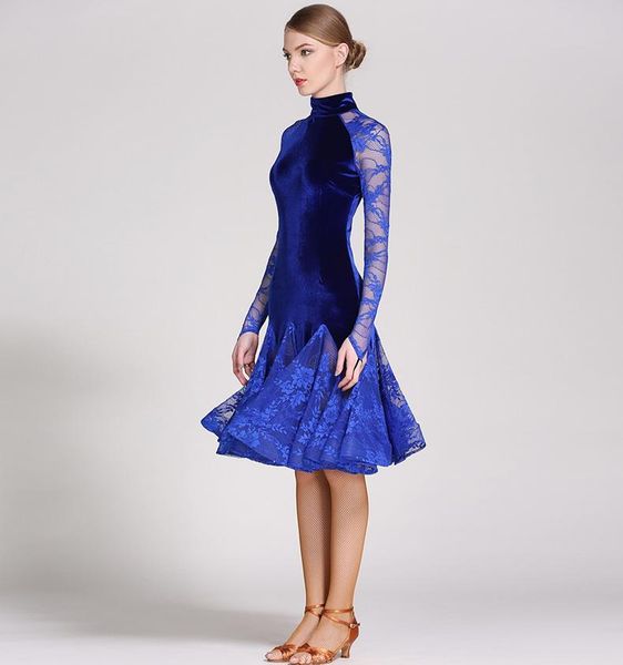 

stage wear blue/black/red velvet and lace latin dance dress for performance show costume dancing gb002