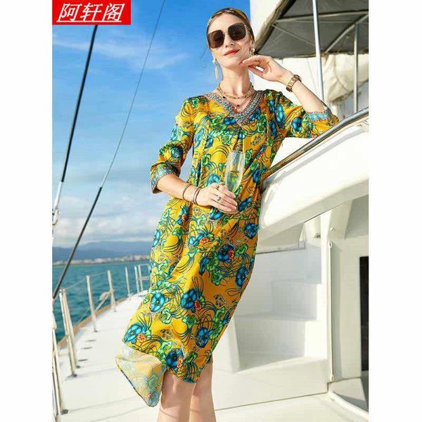 

real silk dress 2021 summer mulberry print a-line women's mid long holiday beach casual dresses, Black;gray