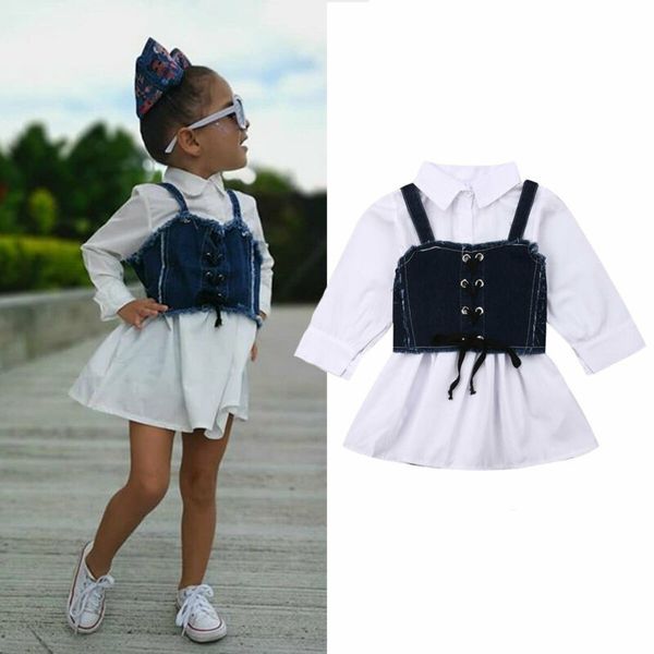 

kids girls clothing set white long sleeve shirt dress girls jeans sling short vest set girls clothes suits children outfits, White;black