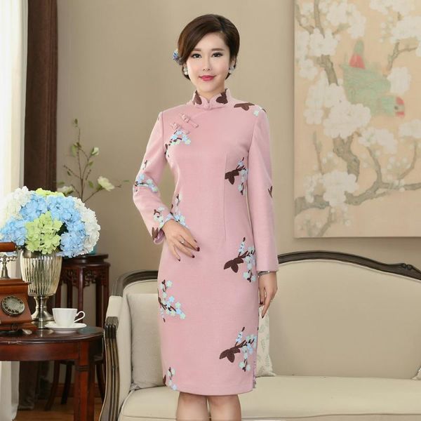 

national chinese pink knee-longth dress women's woolen cheongsam sz  to 2xl ethnic clothing, Red