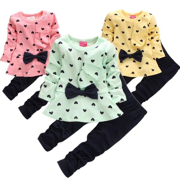 

fashion girls clothing sets cotton children bow dress leggings kids round neck polka dot suits baby casual outfit, White