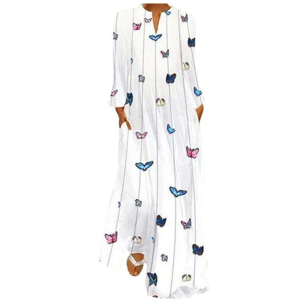 

casual dresses plus size women summer 2021 women's fashion retro butterfly print v-neck sleeve pocket long dress vestidos mujer, Black;gray