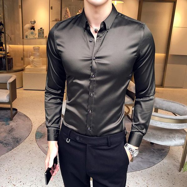 

men's casual shirts neckline embroidery men high grade long sleeve slim business dress solid color formal club prom tuxedo shirt, White;black