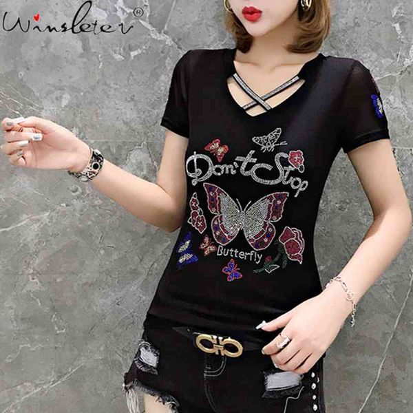 

women's t-shirt summer korean style mesh girls fashion hollow out shiny diamonds women short sleeve slim tees t12901a m7, White