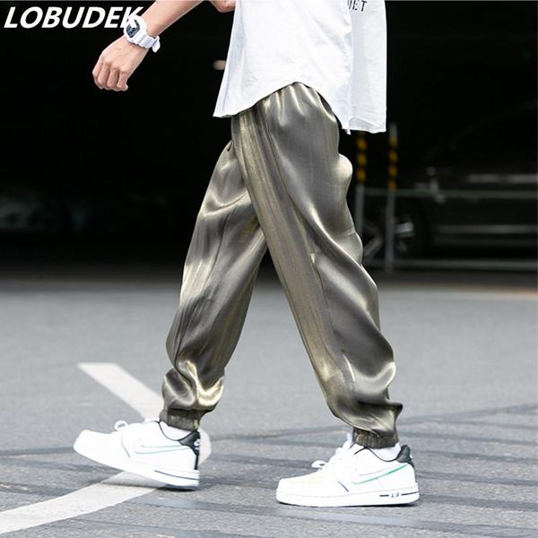

korean style haren pants summer men thin loose casual wide leg silk ninth cropped trousers plus size blue/purple men's, Black