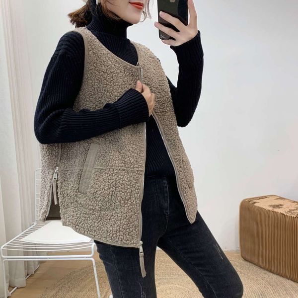 

lamb plush vest women's autumn winter version waistcoat vest jacket, White