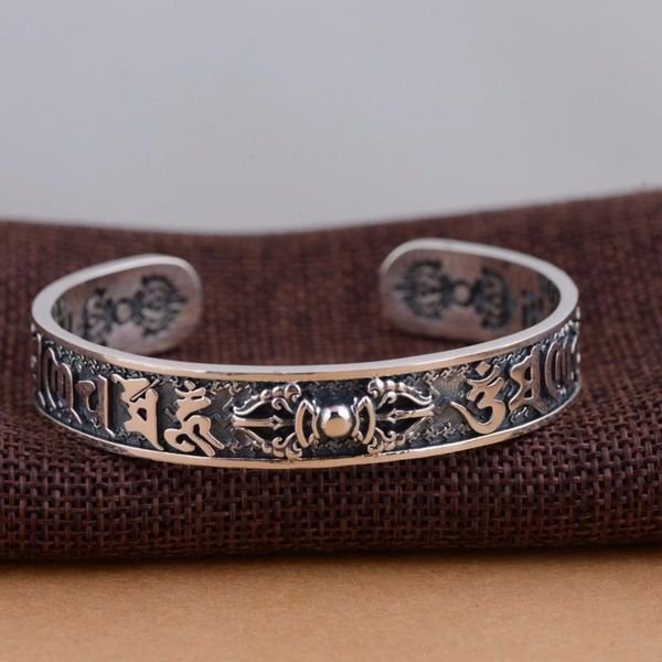 

solid sterling silver tibeten mantra vajra dorje 33g a2459 bangle, Black