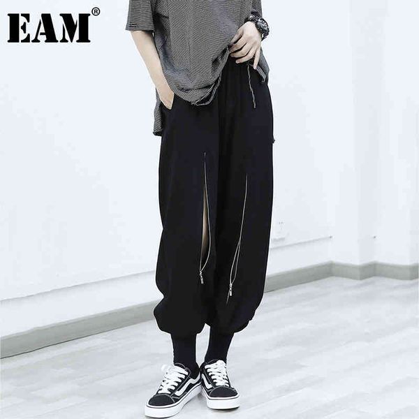 

[eam] high elastic waist black zipper slit trousers loose fit ankle-length pants women fashion spring autumn 1dd7627 21512, Black;white