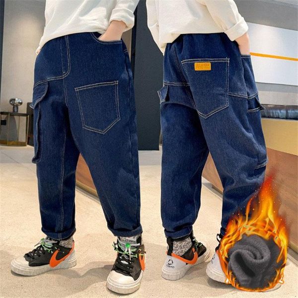 Jeans Für Jungen Winter Fleece Verdicken Blau Mode Alle-spiel kinder Cargo Hosen Taschen Design Teenager Kinder Hosen